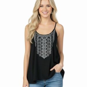 Stetson Camisole Top Dark Gray Southwestern Embroidered Flowy Asymmetrical Hem